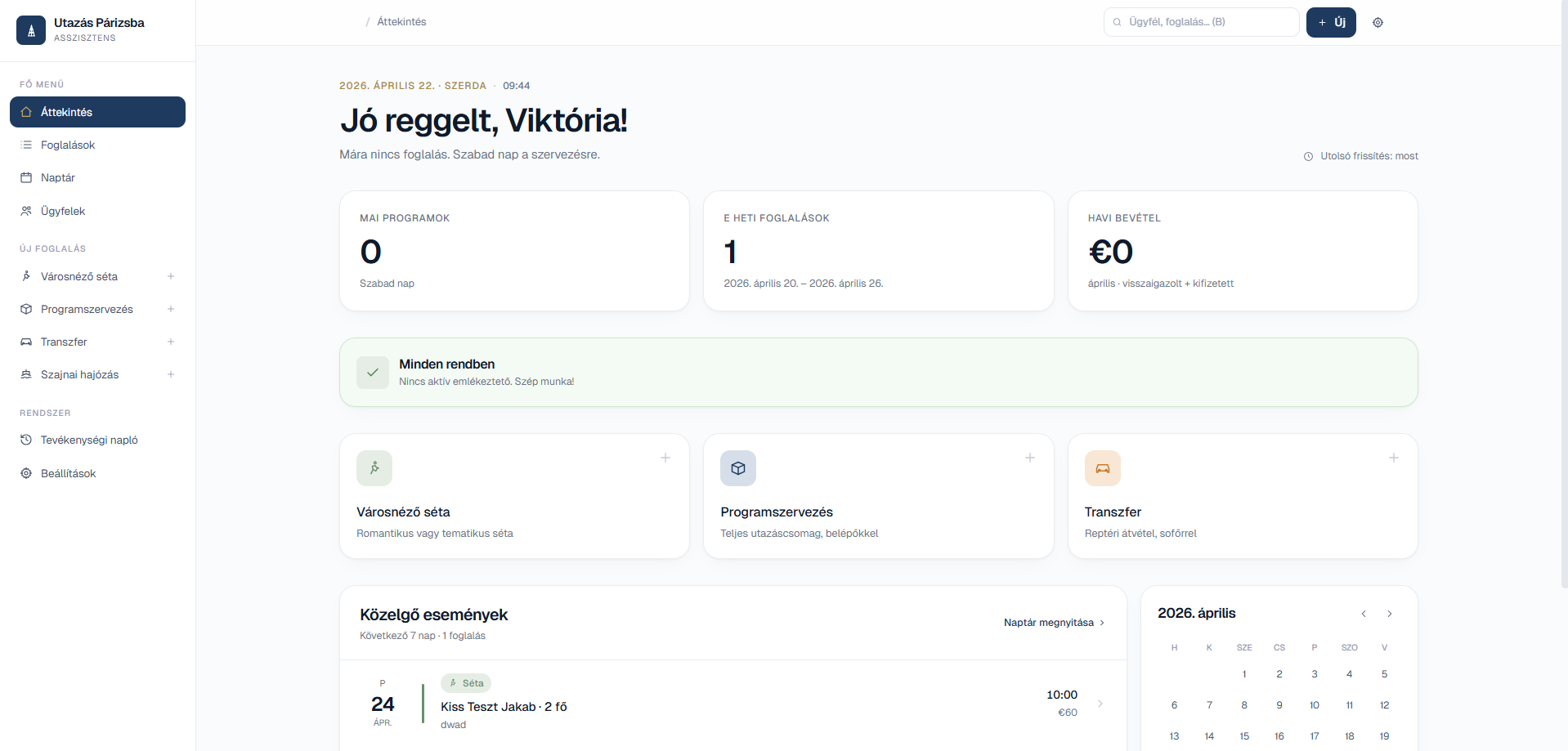 Utazás Párizsba — belső CRM admin felület képernyőfotó