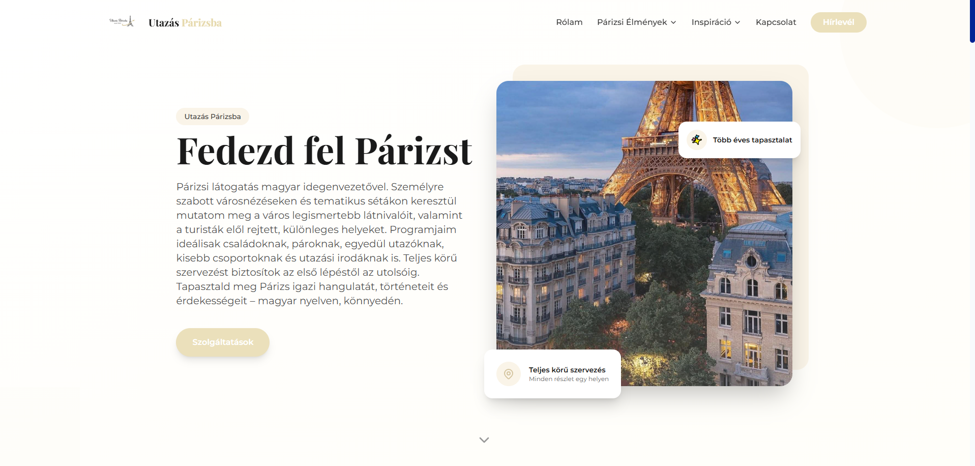Utazás Párizsba — turisztikai idegenvezetői weboldal képernyőfotó